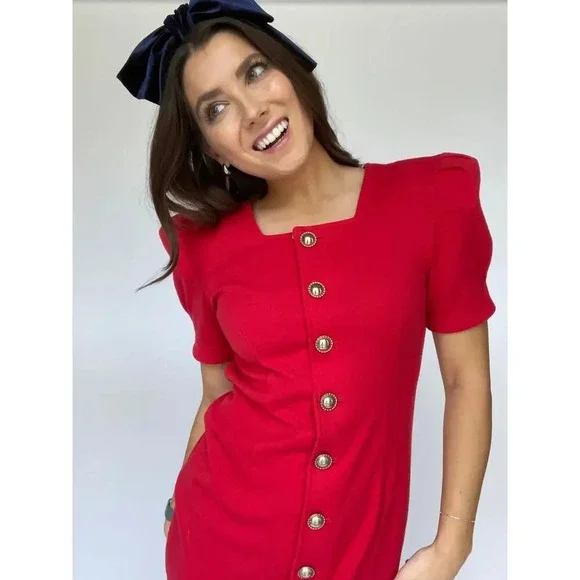 All that Jazz Vintage Red Holiday Mini Dress Gold Buttons - Size Medium - Picture 2 of 10